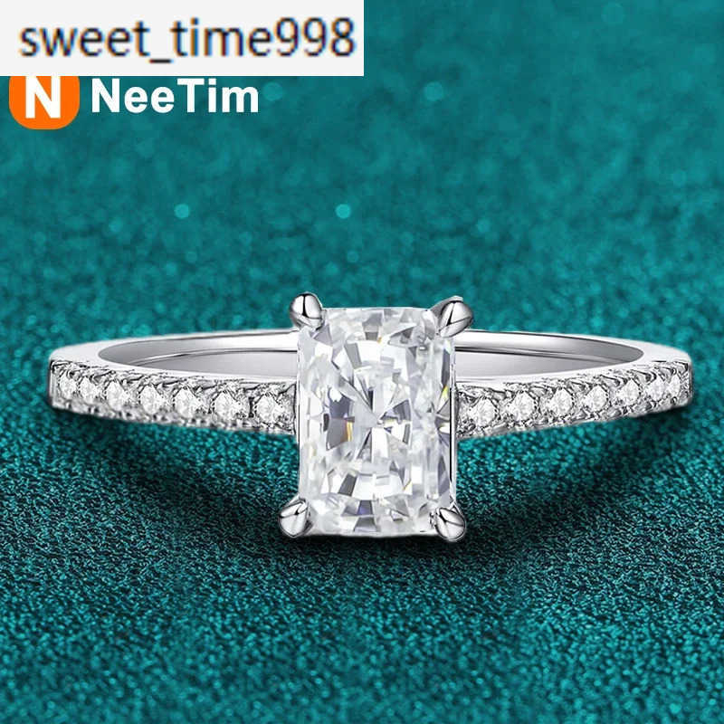 NeeTim1CT Moissanite Ring for Women Emerald Radiant Cut Diamond Wedding 925 Silver White Gold Plated Rings With GRA Certificate