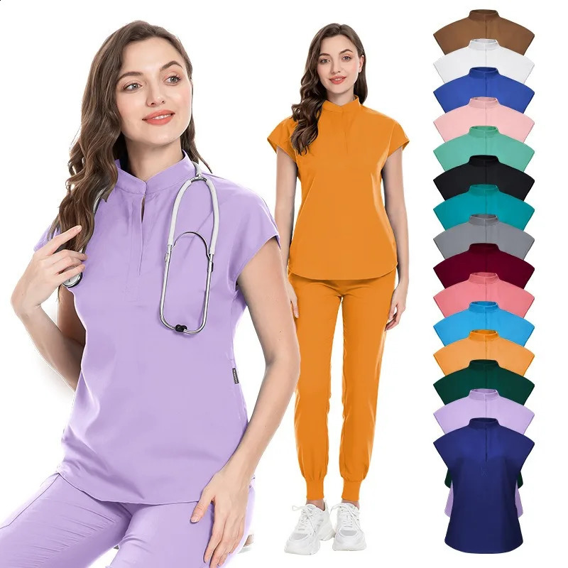 Topspant Uniform Surgery Scrubs Shirt Short Sleeve Pet Shop Doctor Nurse Nursing Uniform Set Women Workwear Scrub 241230