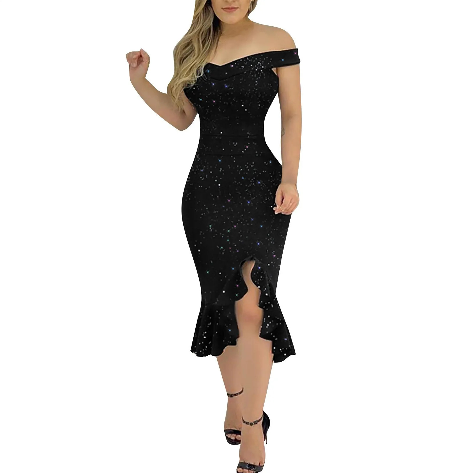 Womens fashionable and sexy summer shoulder short sleeved sequined pleated irregular dress elegant womens party dress 241231