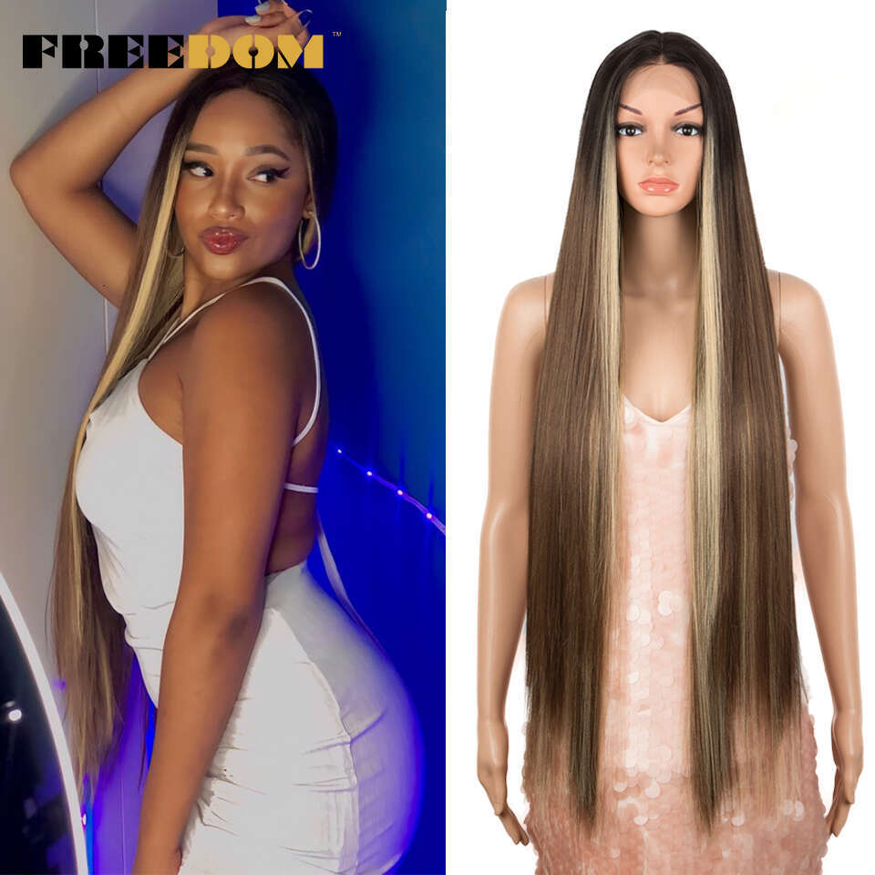 FREEDOM Synthetic Front For Women Super Long 38Inch Ombre Blonde Highlight Ginger Straight Lace Cosplay Wigs