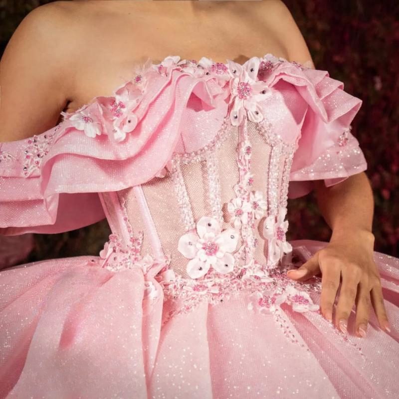 Light Pink Quinceanera Dresses Ball Gown Off The Shoulder Applique Lace Beads Tull Party Birthday Sweet 16 Vestido De 15 Anos