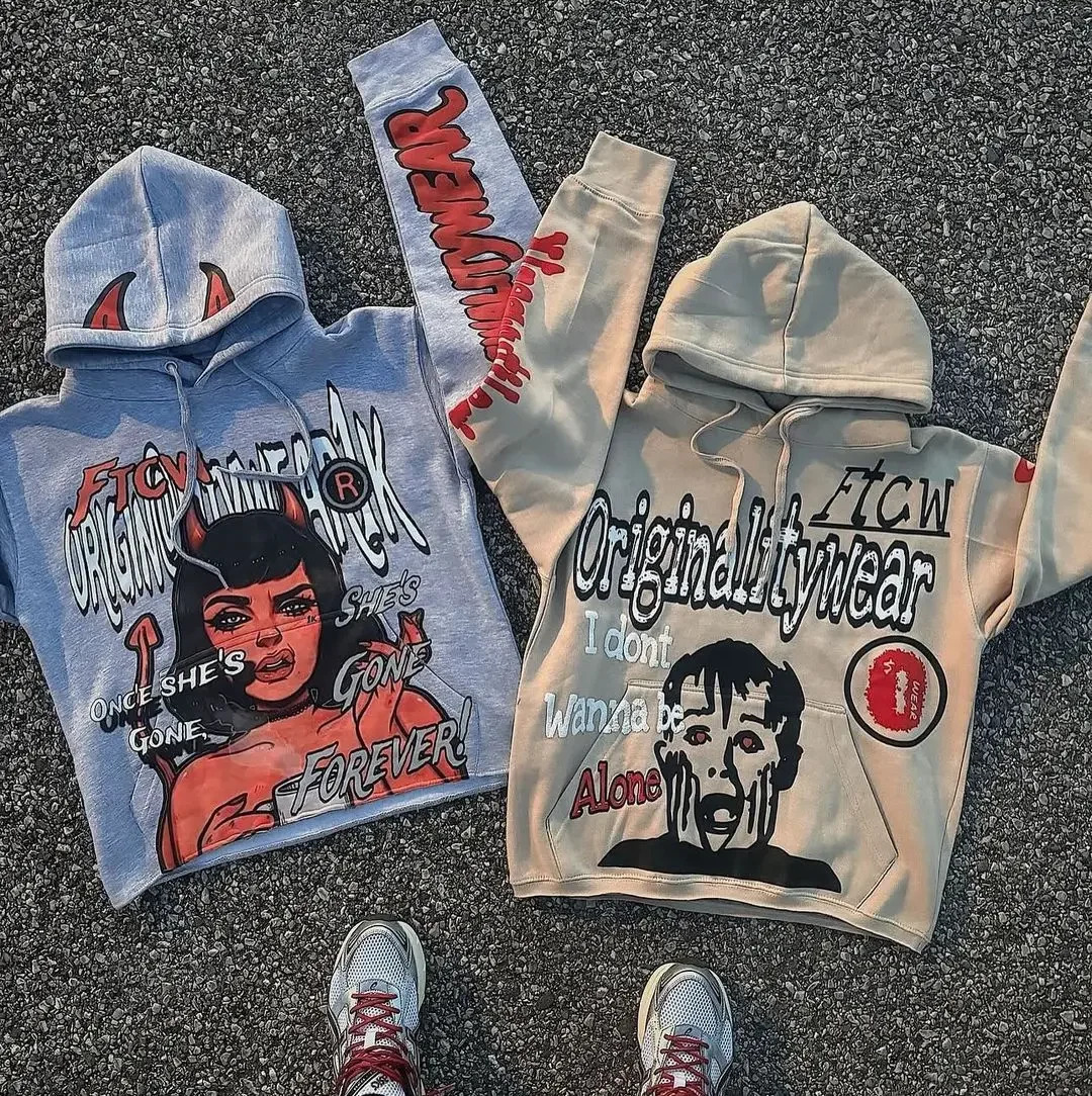 Mens letter and pattern printed hoodie autumn Y2k retro sportswear loose casual punk Harajuku long sleeved floral clothing 241231