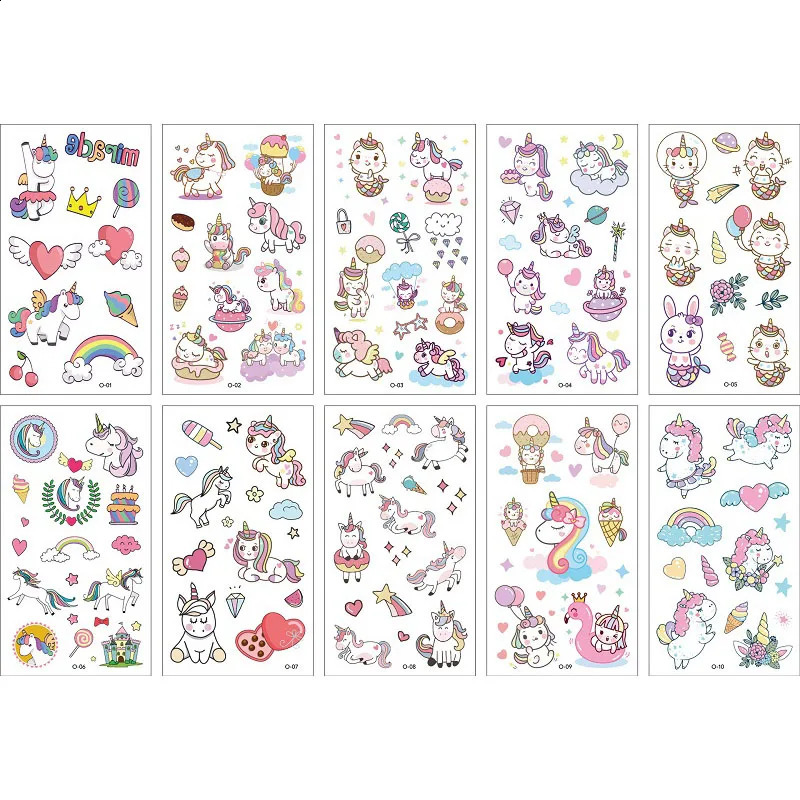 10PCS Tattoos for Children Transfer Kids Mini Waterproof Festival Glitters Face Unicorn Animals Stickers 241230