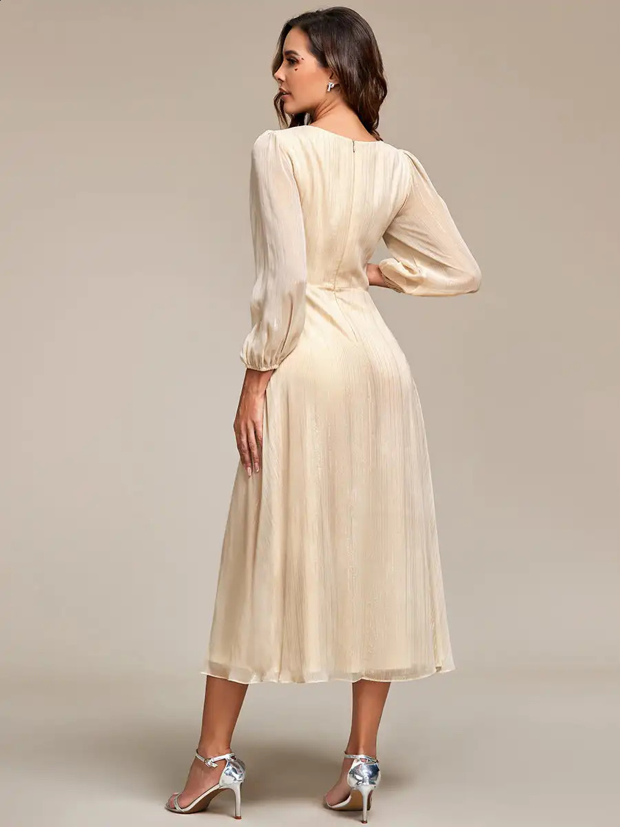 Elegant evening gown deep V-neck long sleeves knee length sparkling chiffon charcoal wedding guest gown