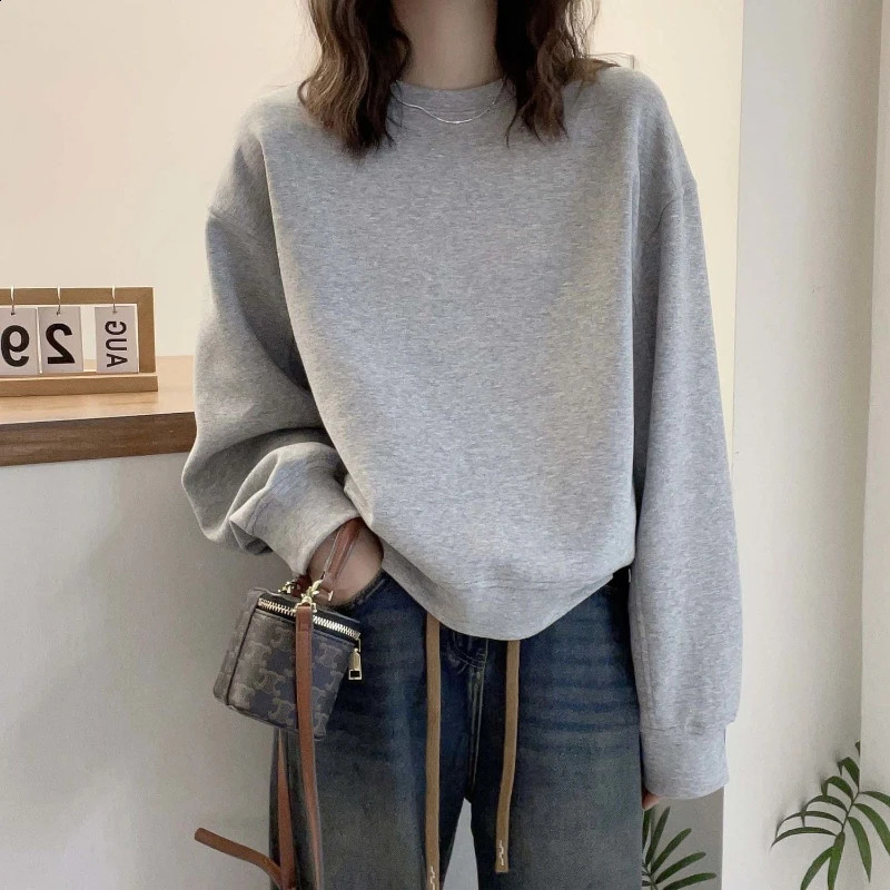 Autumn Winter Solid Color Round Neck Loose Casual Sweatshirts Sports Clothing Versatile Fashion Warm Interior Hoodies 241223
