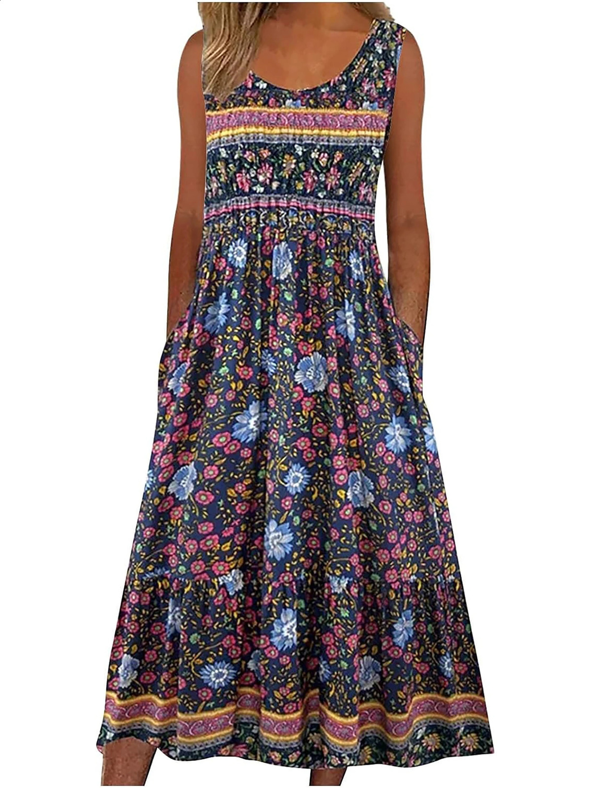 Womens sleeveless summer dress casual floral bohemian dress loose and loose beach dress Midi dress with pockets 241231