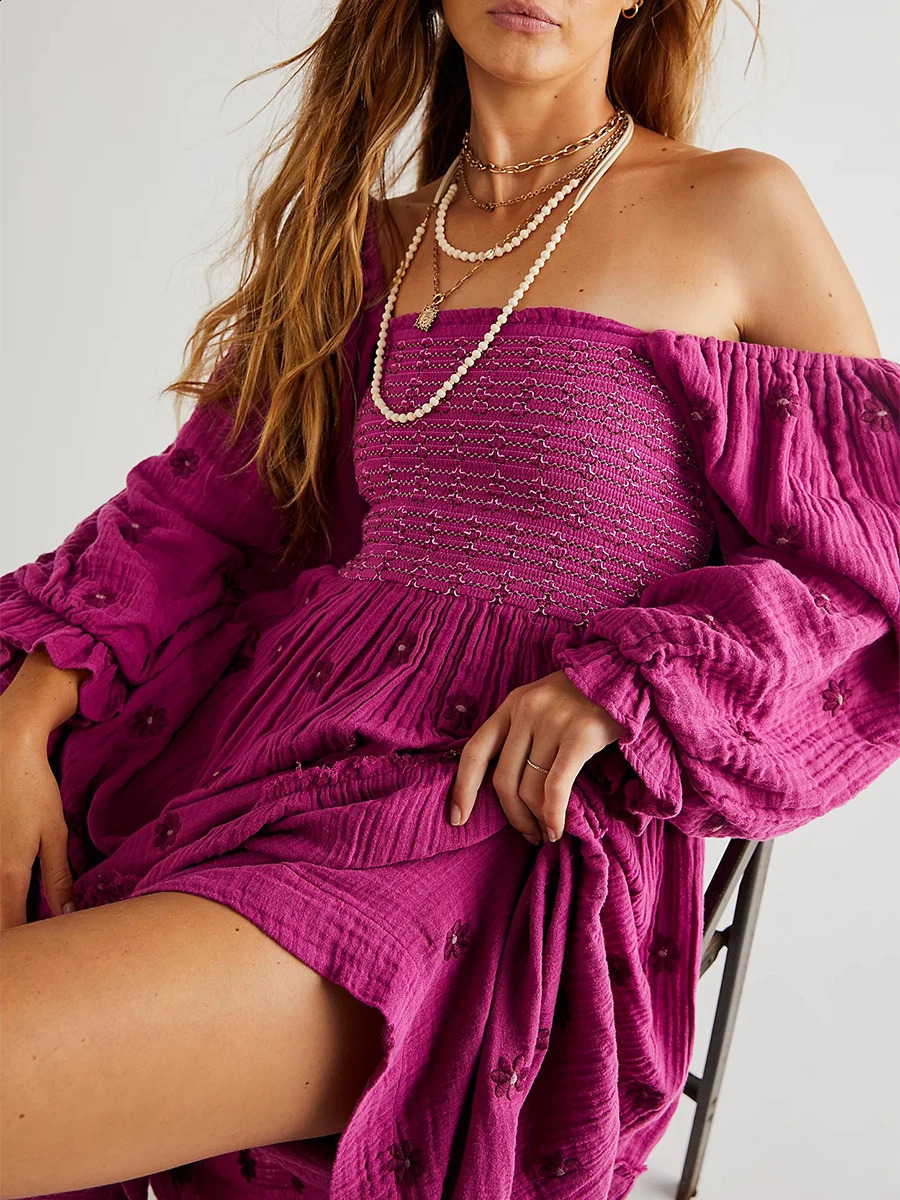 Womens floral embroidered long dress with lantern sleeves square neckline lace up tassel dress Bohemian summer beach dress 241231