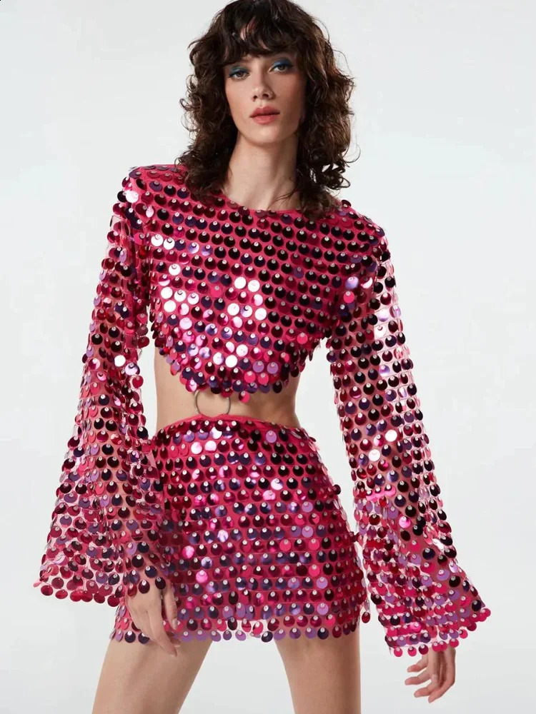 Womens Fashion Sparkling Glitter Hollow Mini Dress Elegant Round Neck Long Sleeve Short Skirt Womens Fashion Party Dress 241231