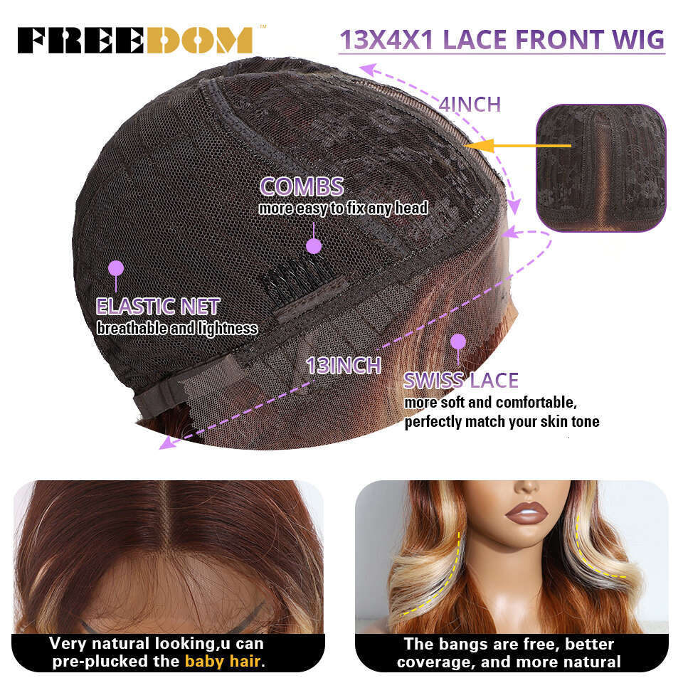 FREEDOM Synthetic Lace Front For Women 22 Inch Body Wave Ombre Brown Blonde Wine Red Wig Easy Wear White Cosplay Wigs