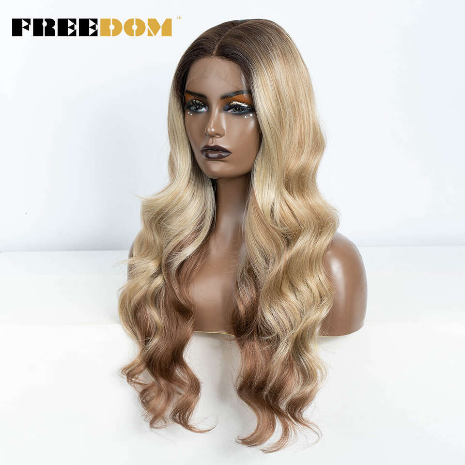 13X4 Synthetic Frontal For Women Body Wave Ombre Blonde Brown Ginger Lace Heat Resistant Cosplay Wigs
