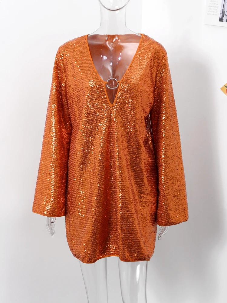Sparkling Hollow Mini Dress for Women Sexy Long Flash Sleeves Deep V-neck Dress for Women Fashion Evening Party for Women Vestdos 241231