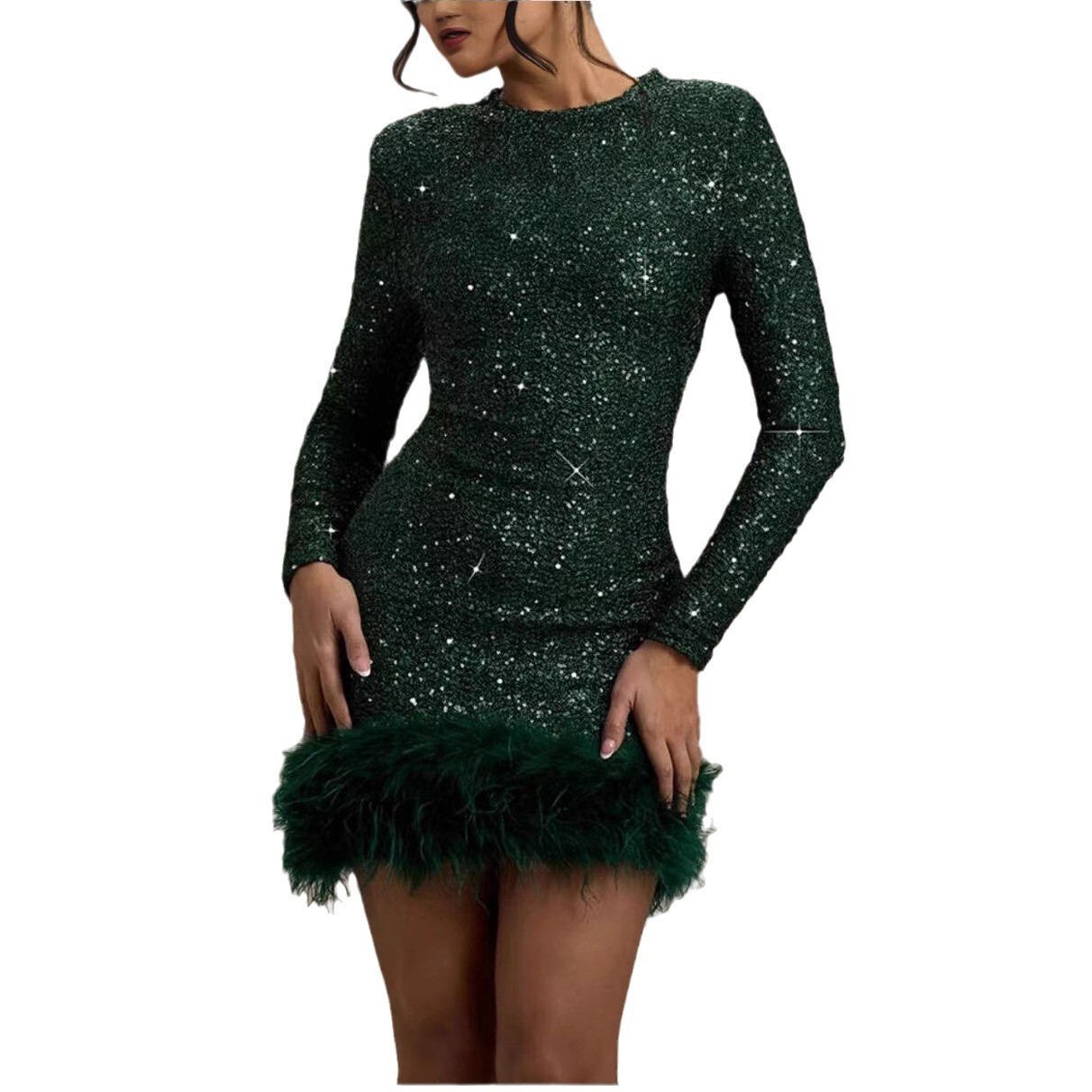 Womens Dress Long Sleeved Solid Color Sequin Feather Dress Round Neck for Women