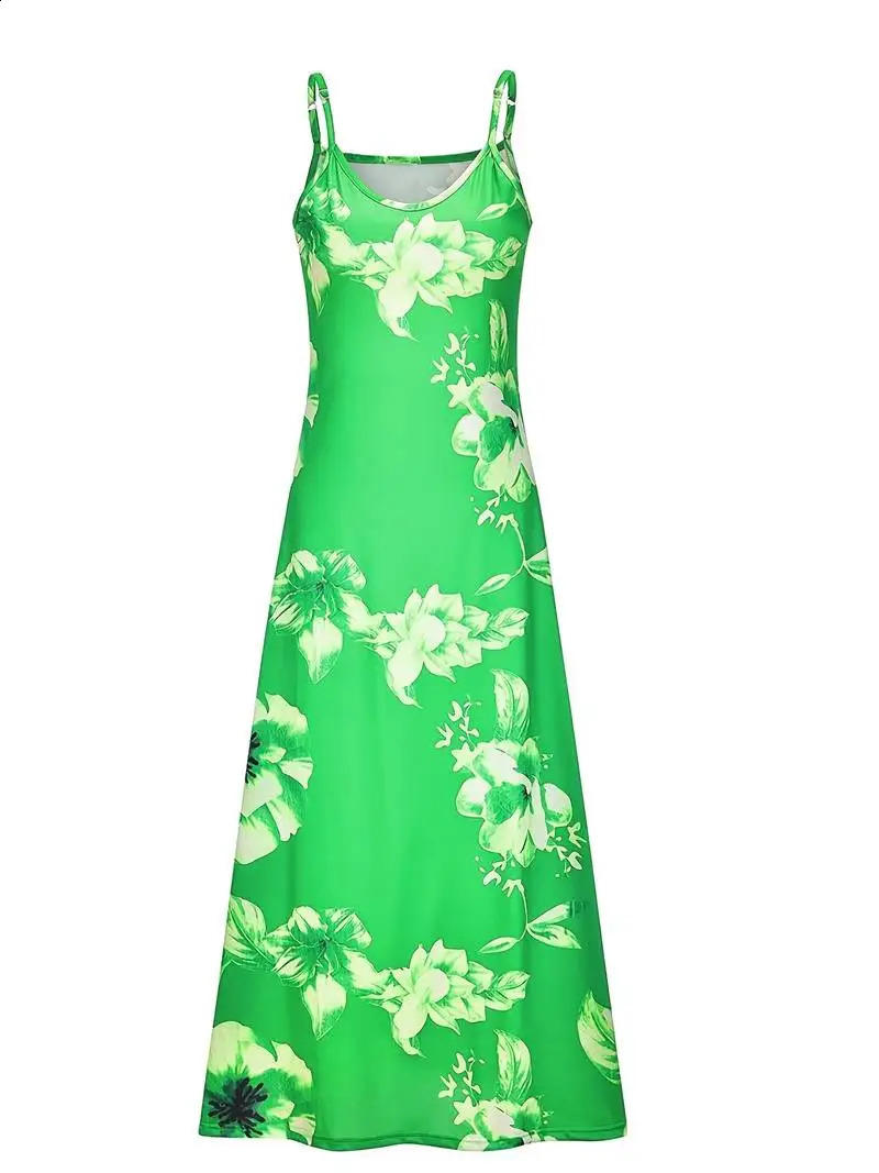 Spring Summer Dress Womens Green Printed V-neck Long Dress Casual Bohemian Sleeveless Womens Beach Party Dress 241231