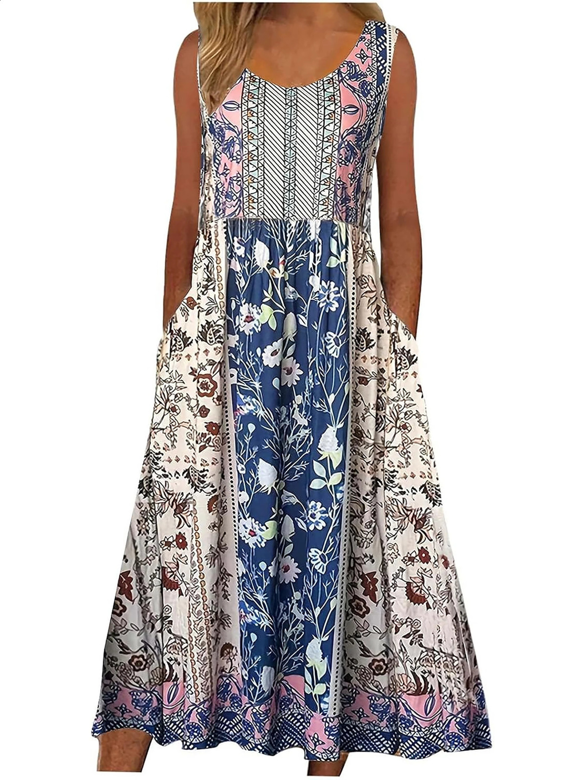 Womens sleeveless summer dress casual floral bohemian dress loose and loose beach dress Midi dress with pockets 241231