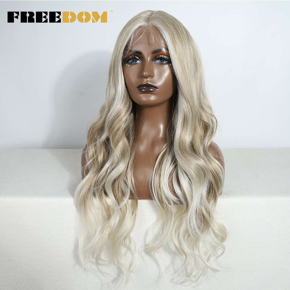 FREEDOM Body Wave Synthetic Front Wigs For Women 30" Long Ombre Brown Blonde Highlight Lace Heat Resistant Cosplay Wig