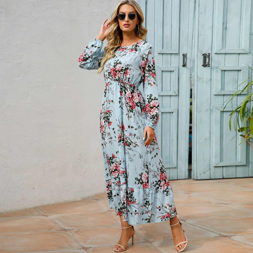 Summer Rotating Bohemian Womens Maxi Dress Casual Long Sleeve High Waist Beach Womens Chiffon Dress Flower Vestdos Mujer 241231