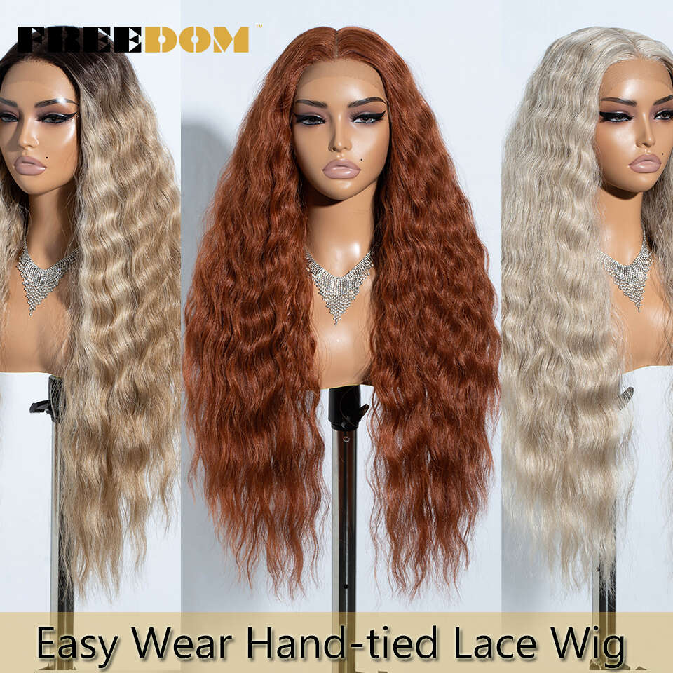 FREEDOM Synthetic Lace Front For Women Easy Wear Soft Long Curly Wavy Ombre Blonde Ginger Wig Cosplay Wigs Heat Resistant