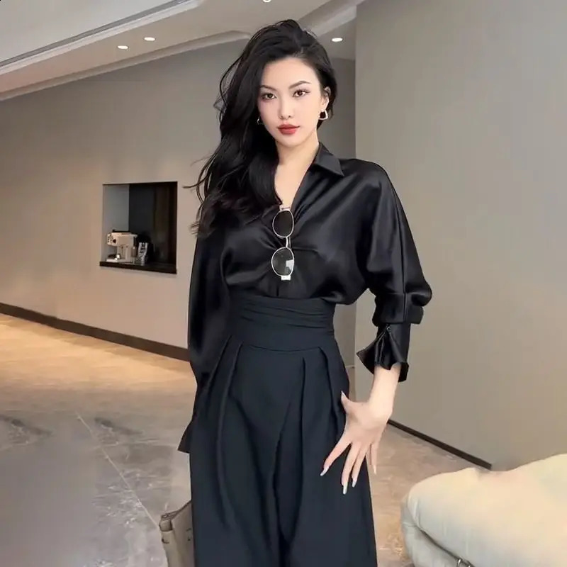 2024 Black Wide-Leg Pants Womens Slimming Suit Pant Magic High Waist Loose Straight Drooping Mopping Casual Trousers 241223