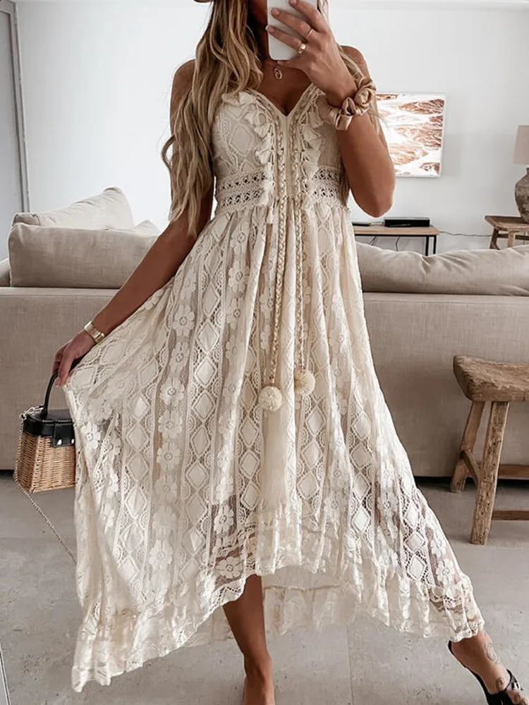 Womens lace bohemian style long dress solid color deep V-neck sleeveless beachwear high waisted A-line summer womens wild suspender dress 241231