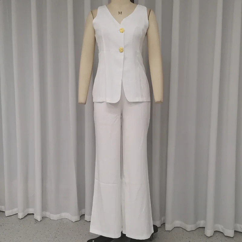 Wefads two-piece womens summer office simple V-neck sleeveless single chest button vest top loose wide leg pants set 241230