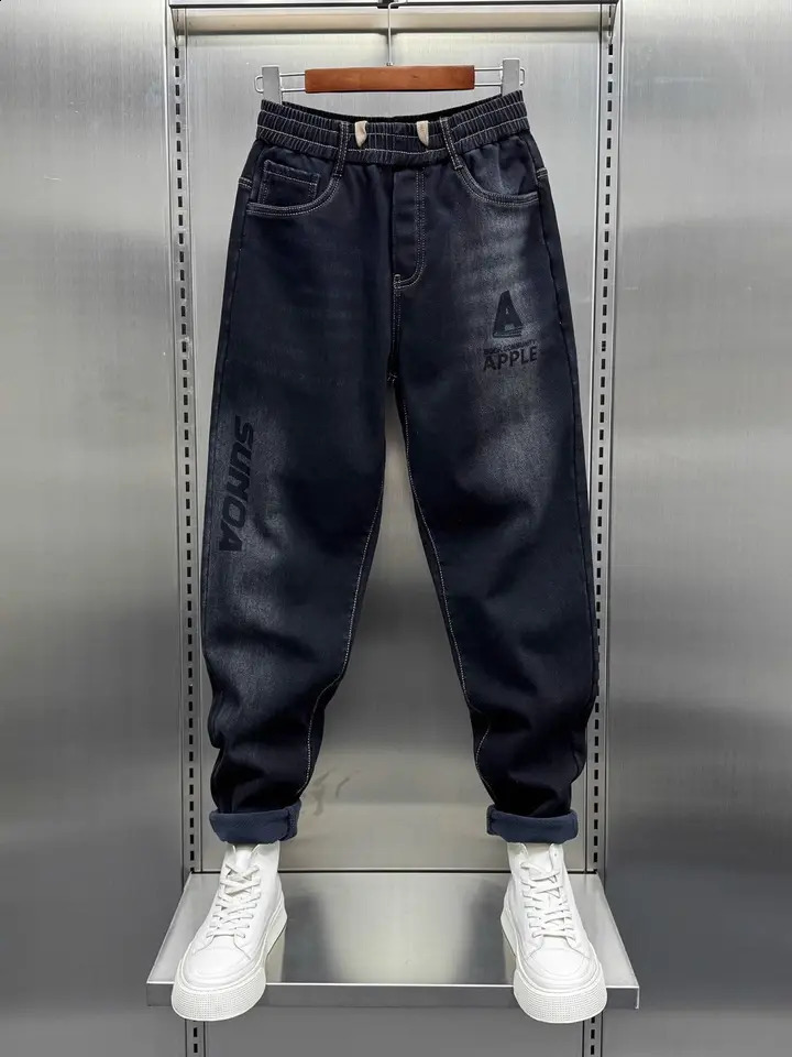 Black casual jeans with letter printing elements street wanderer fashion harem pants mens clothing 241230