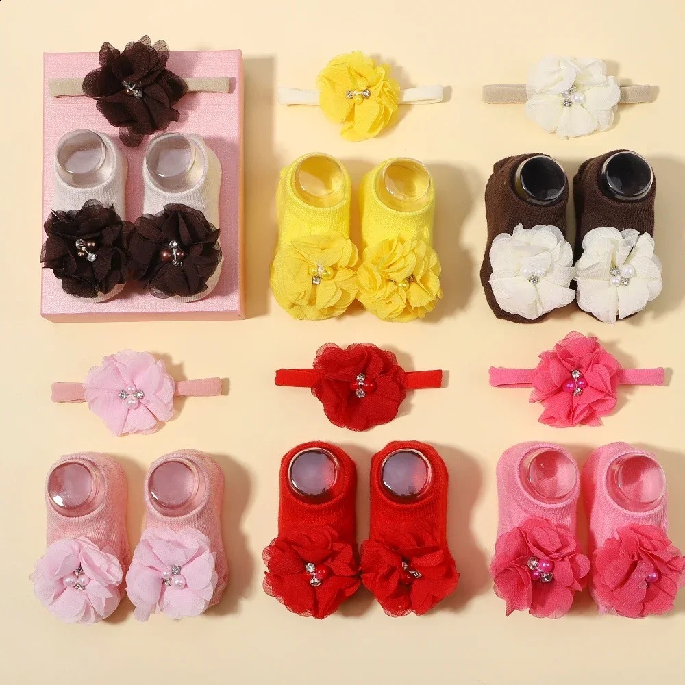 01Y Lovely Cartoon Baby Socks Hair Band Set Infant Toddler Non Slip Breathable Short born Headband Gift Po Props 241230