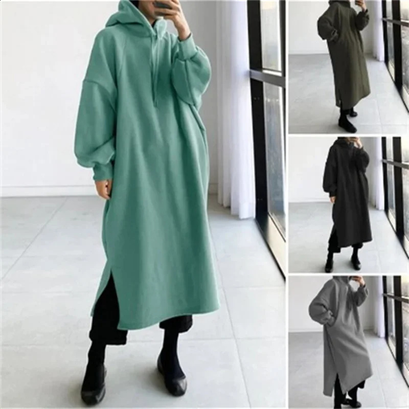 Fleece Lined Long Hoodie Autumn Winter Fashion Casual Solid Loose Sleeve Hood Pullover Tops Y2K Female Sweatshirts 241223