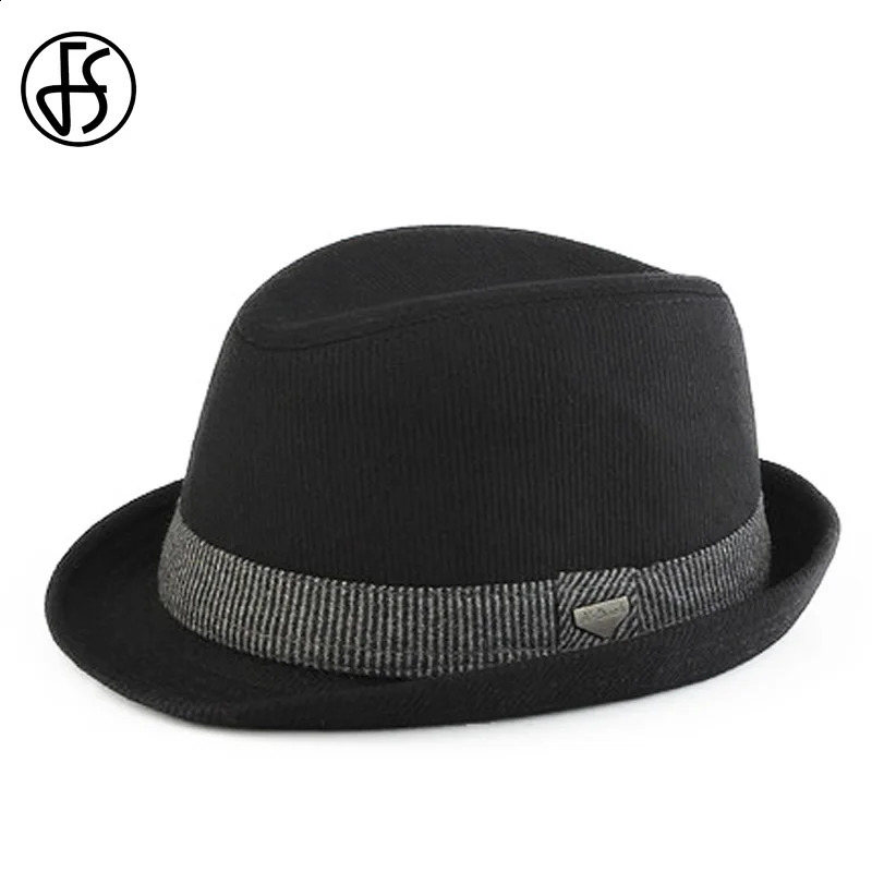 FS Vintage Black Wool Felt Wide Brim Fedora Hats For Men Striped Gangster Trilby Hat Autumn Winter Panama Jazz Cap Chapeau Homme 241231