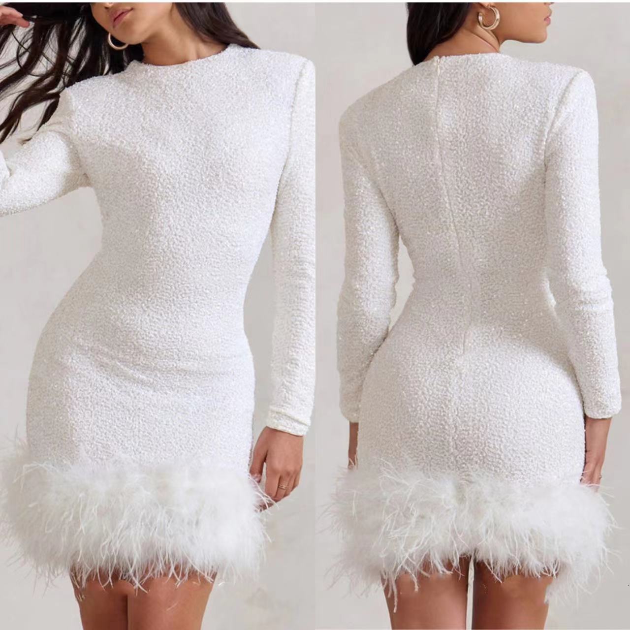 Womens Dress Long Sleeved Solid Color Sequin Feather Dress Round Neck for Women