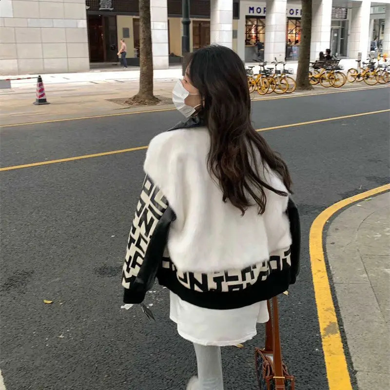 Vintage Fur Lamb Wool Pu Patchwork Zipper Jacket Fashion Printed Leather Streetwear Coat Female 2024 Autumn Winter 241223