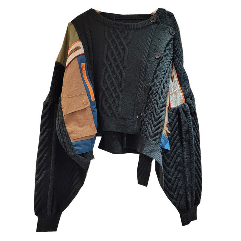 DEAT 2024 Autumn New Niche Design Irregular Splicing Knitted Sweater For Women Fashion Loose Single-Breasted Pullover 33A2043