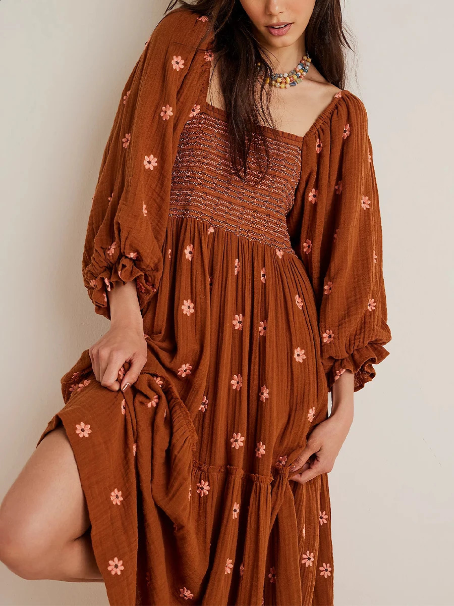 Womens floral embroidered long dress with lantern sleeves square neckline lace up tassel dress Bohemian summer beach dress 241231