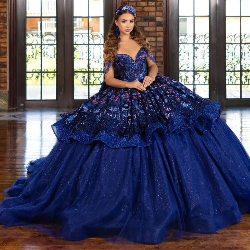 Royal Blue Shiny Quinceanera Dresses Off The Shoulder Lace Applique Bow Tull Ball Gown Birthday Party Sweet 16 Dress Vestidos De 15 Anos