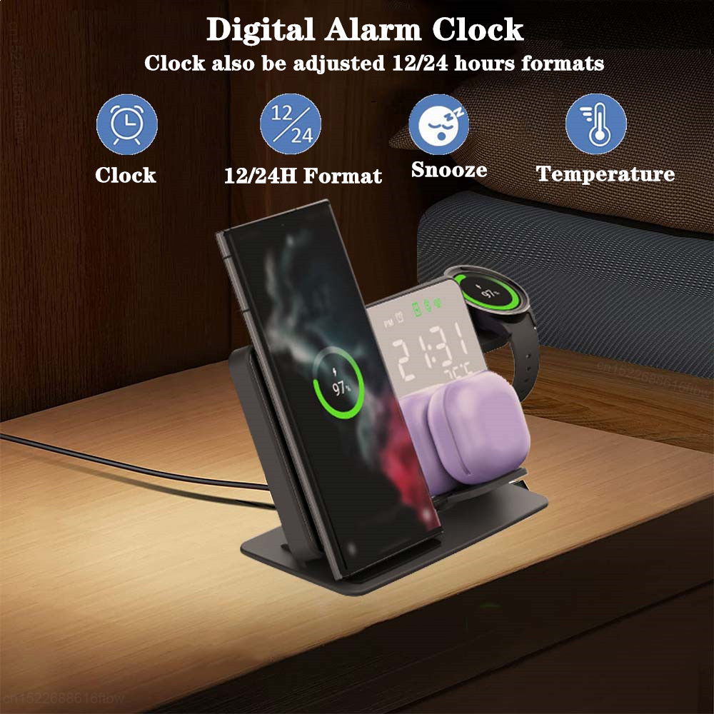Wireless Phone Charger & 3-in-1 Charging Stand for Smartwatches and Phones with Integrated Alarm Clock Feature