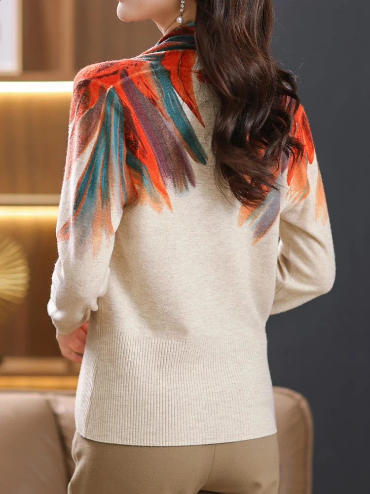 Print Sweater Tops Autumn Korean Fashion Women Clothing Long Sleeve Pullover Knitwears V Neck Womens Sweaters 241231m