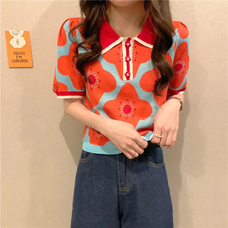 Women Puff Short Sleeve Printed Flowers Sweaters Shirts Polo Collar Cropped Thin Sweater Pullover Crop Top For Female 241231