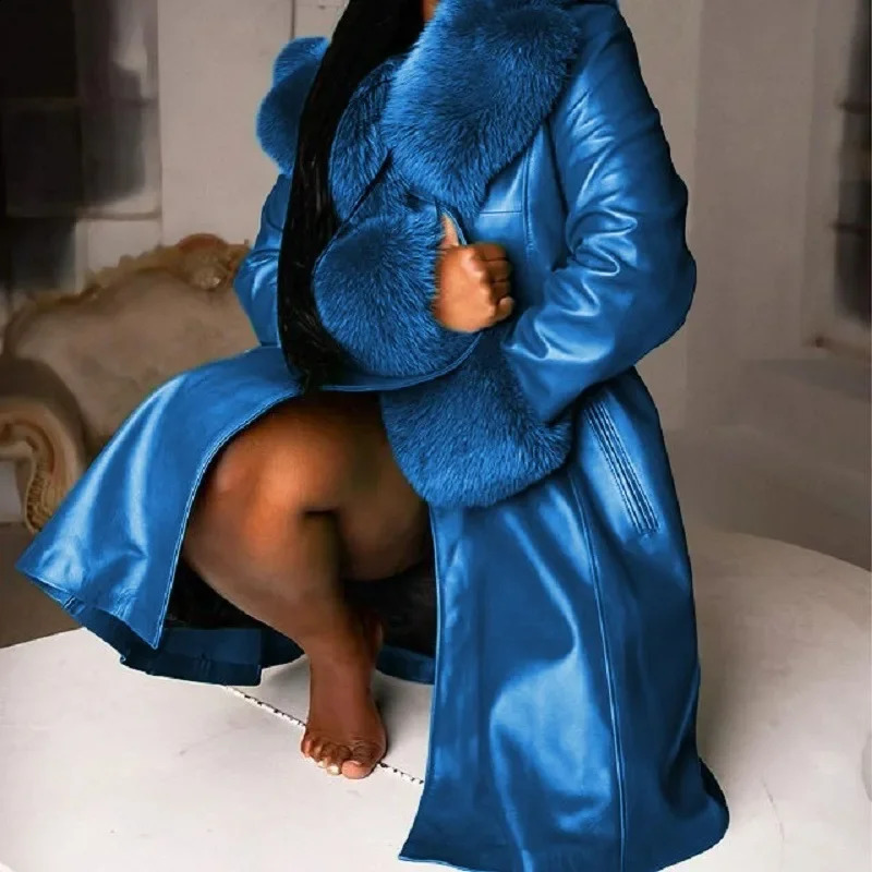 Model 2023 Women Leather Coat Fur Collar Casual Winter Lapel Long Sleeve PU Zipper Plus Size Fashion Womens Cozy Jackets 241223