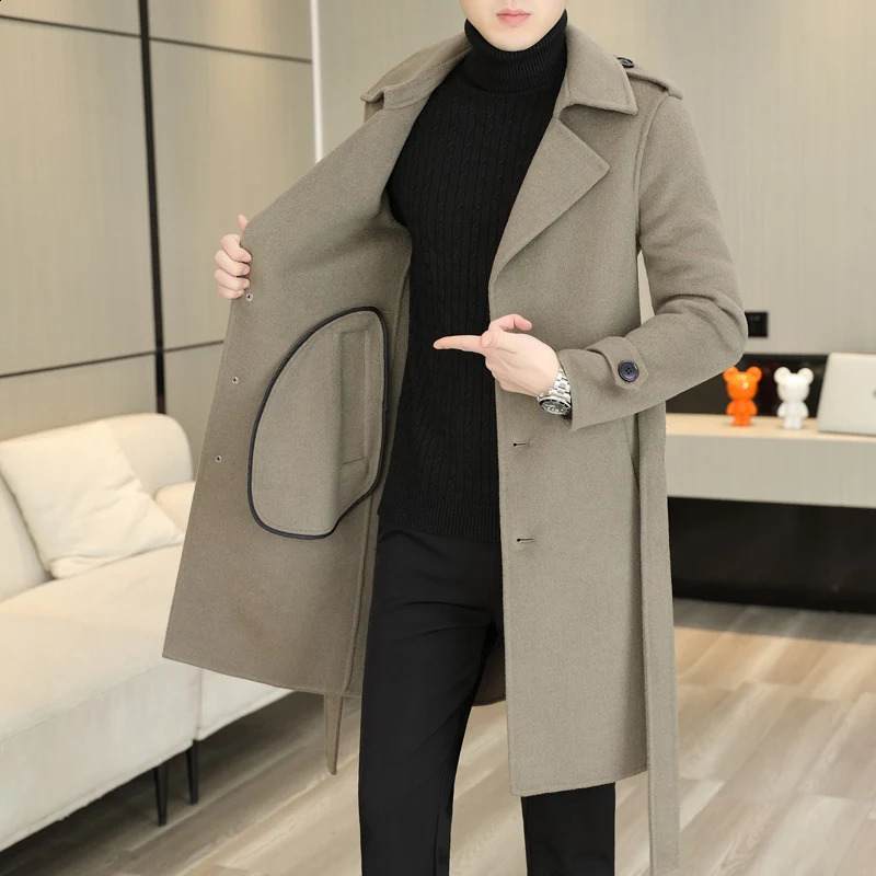 Doublesided tweed coat Men 2023 autumnwinter 70 wool coat cashmere laceup midlength trench coat Wool Polyester 241231m