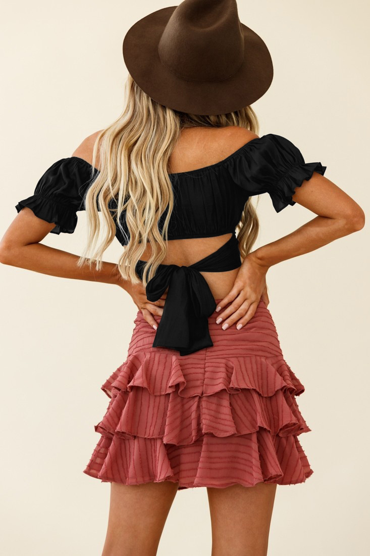 New Color One Word Collar Strap Short Sleeve Ruffle Top with Exposed Umbilical Ultra Short T-shirt