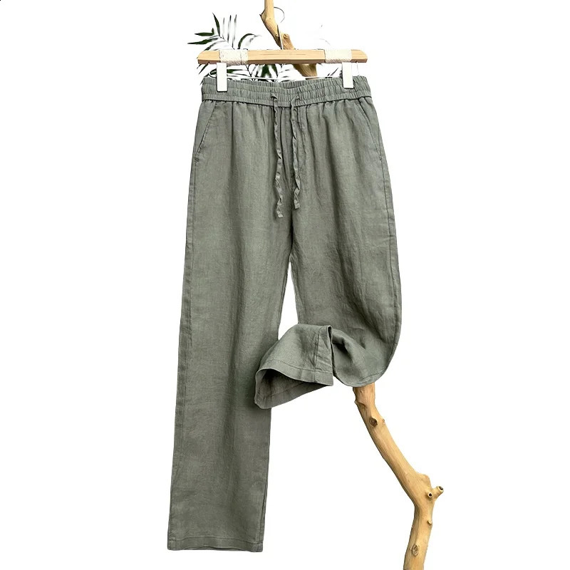 Linen Natural Pure Skin Breathable Summer Pure Color Fashion Linen Slim Fit Men Loose 100 Linen Straight Flax Casual Pants 241231m
