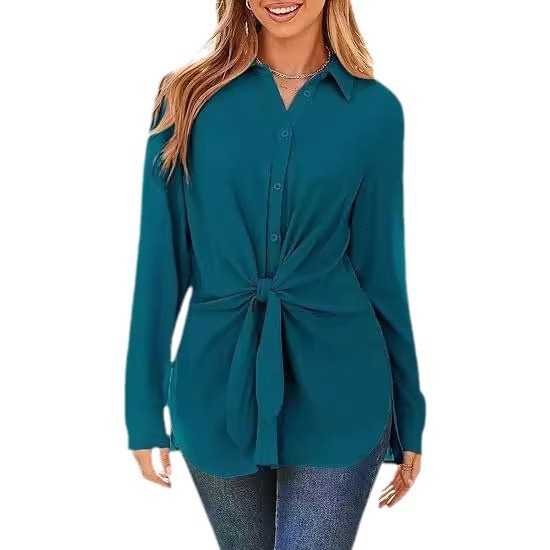 Womens Button Up Shirt Long Sleeved Waistband Lace Up Slit Dress Shirt Casual Top