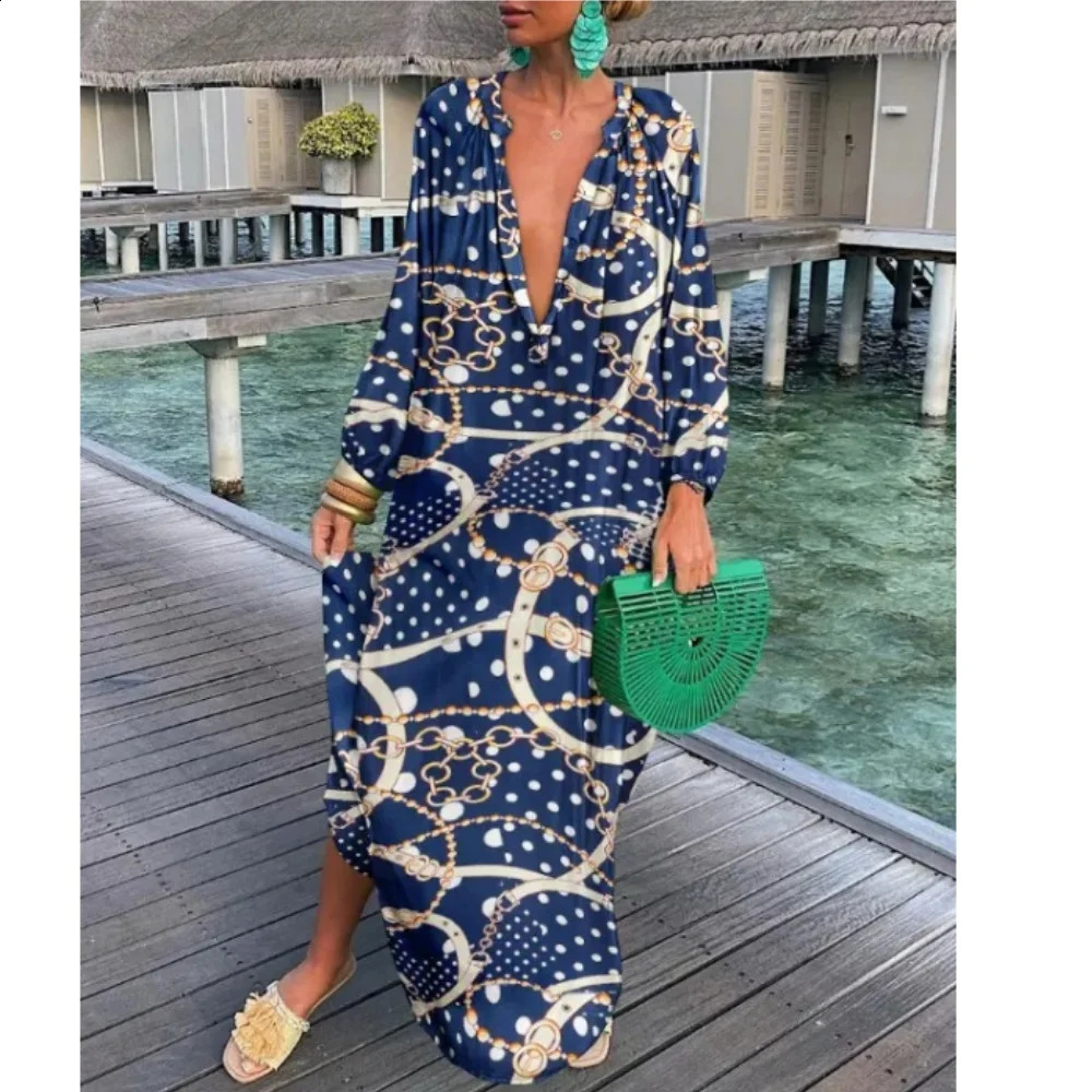 Elegant Womens Maxi Dress Summer Casual Fashion Retro Printed V-neck Loose Bohemian Long Beach Dress Womens Robe 241231