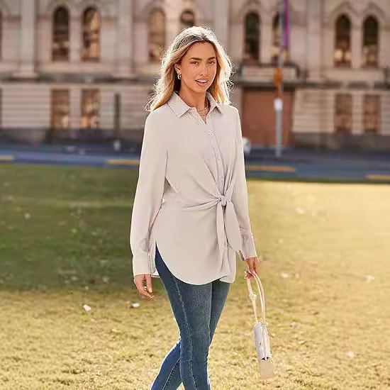 Womens Button Up Shirt Long Sleeved Waistband Lace Up Slit Dress Shirt Casual Top