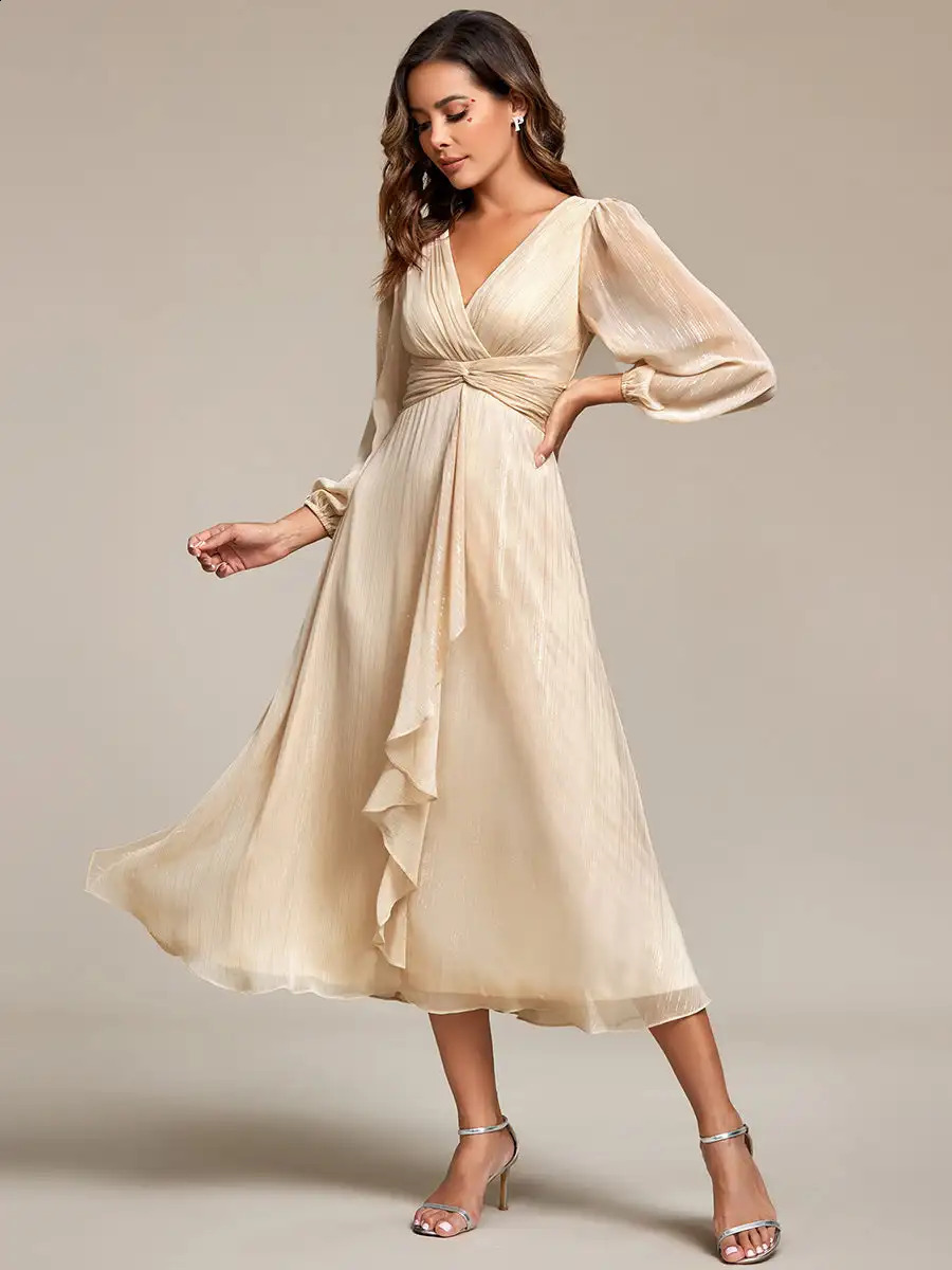 Elegant evening gown deep V-neck long sleeves knee length sparkling chiffon charcoal wedding guest gown