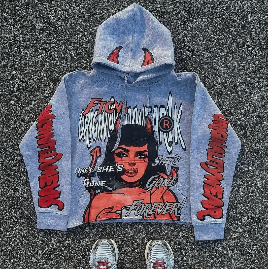 Mens letter and pattern printed hoodie autumn Y2k retro sportswear loose casual punk Harajuku long sleeved floral clothing 241231