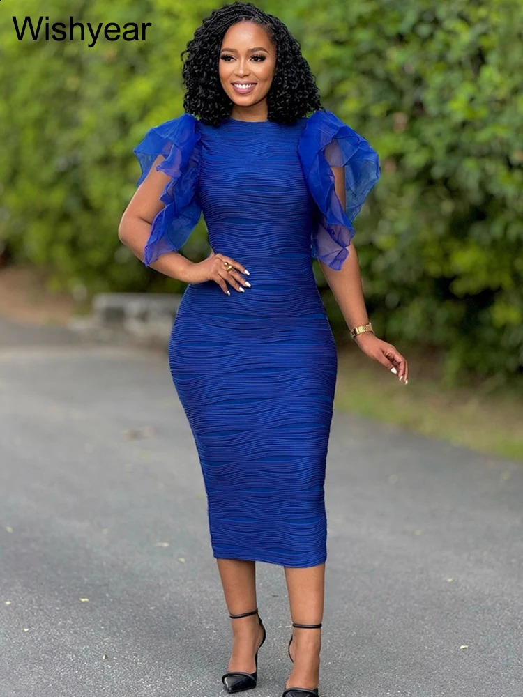 Womens O-neck Ruffle Sleeve Set Hips Bodycon Dress Fashion Office Womens Ultra Thin Pencil Evening Birthday Party Vest Dress 241231