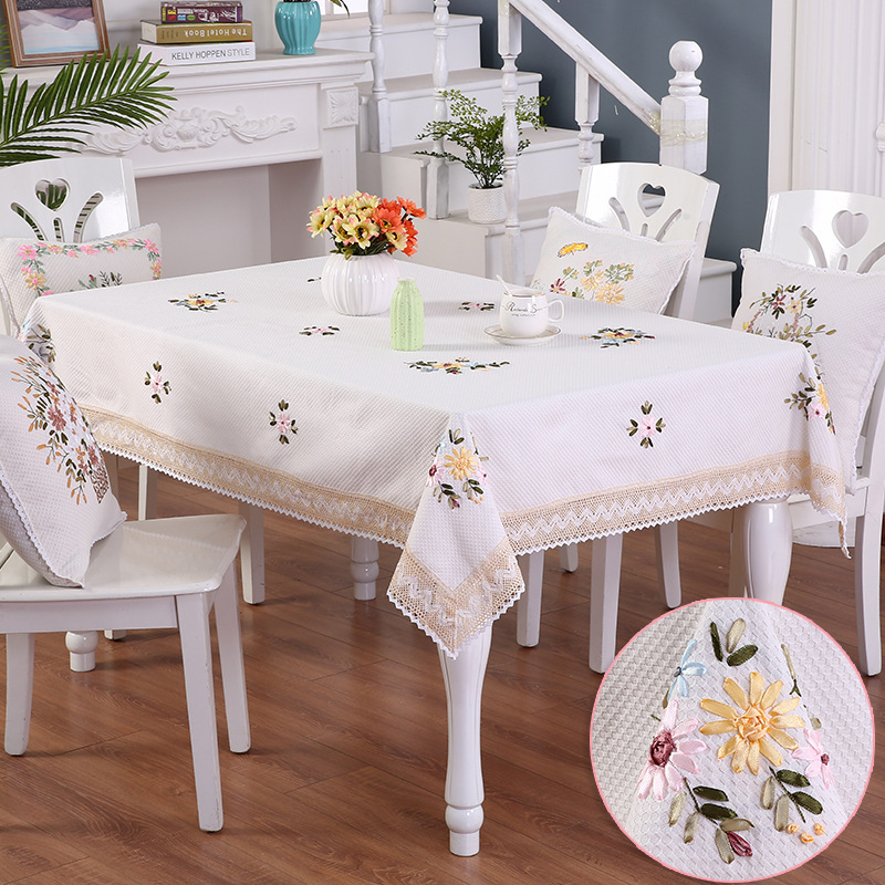 Ribbon Embroidered Dining Table Cloth Tablecloth Simple Round Rectangular Coffee Table Towel Square Cover Towel G-1