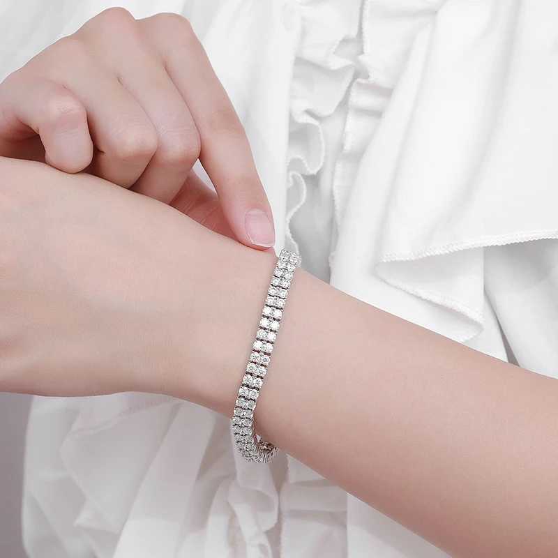 NeeTim 3mm Double Row Moissanite Tennis Bracelets for Women S925 Sterling Silver Gemstone Sparkling Diamond Chain with GRA Gifts