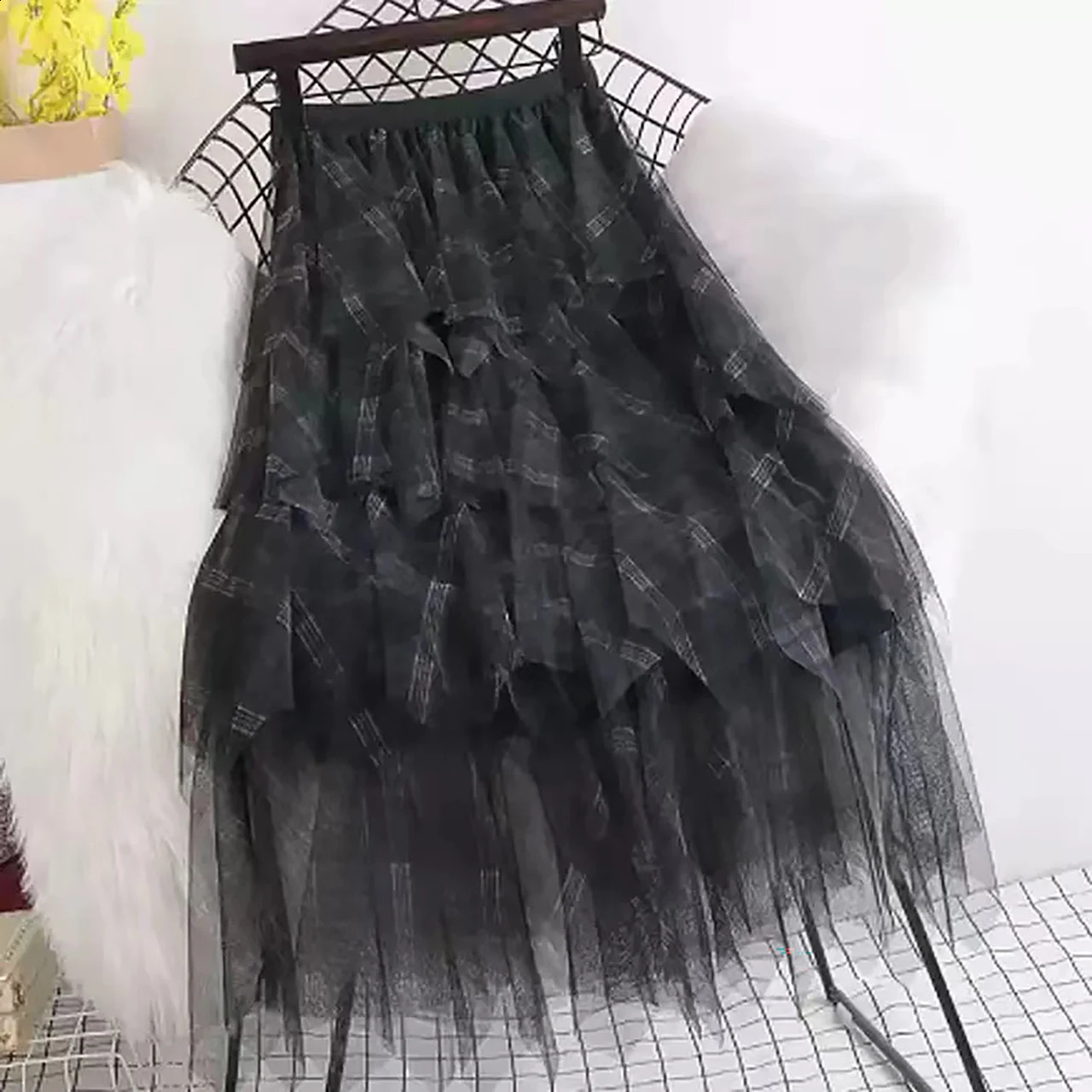 Fashion Gauze Womens Skirts Summer Jupe 2024 Faldas Mujer De Moda High Waist A-line Sweet Saia Irregular Casual Plaid Skirt 241231
