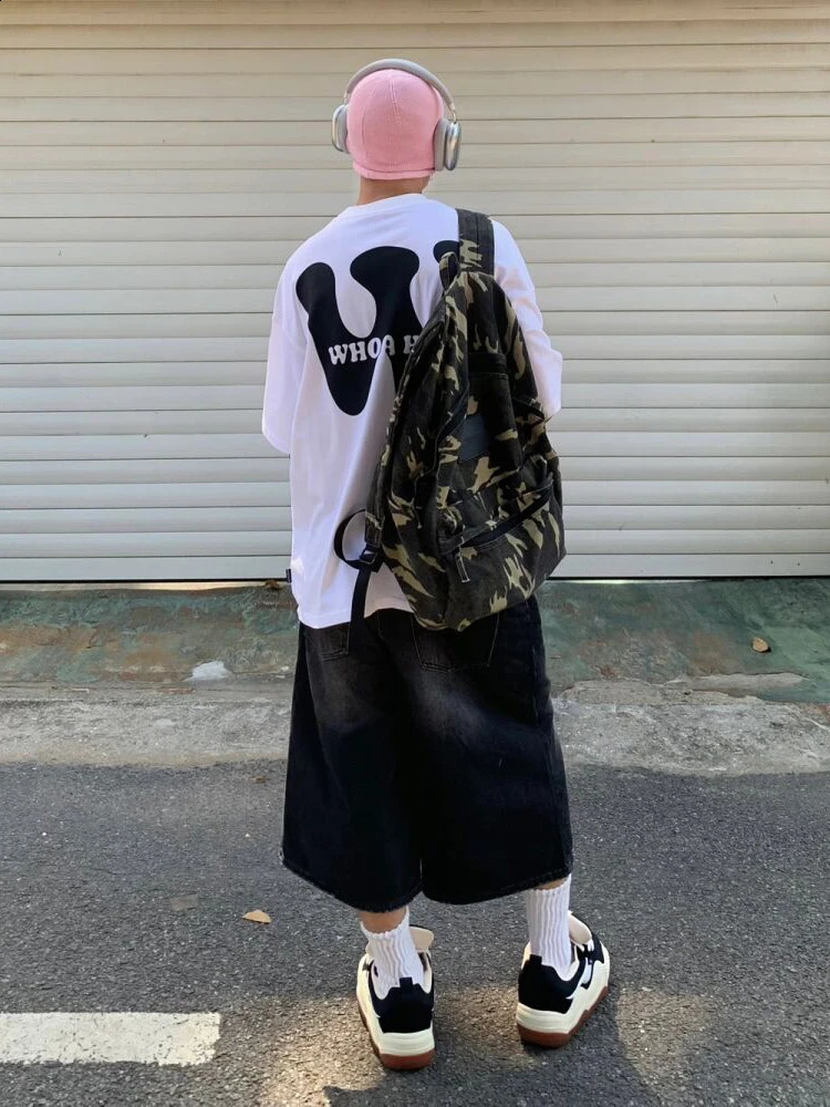 ReddaChic mens low waist wide leg Jorts tight jeans loose casual denim shorts Y2k pants Harajuku retro hip-hop clothing 241231